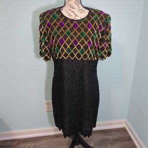 Mark & John by Gopal Silk Dress large Black Sequin Beaded Evening Cockta…